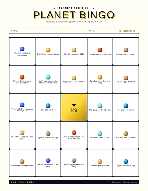 Planet Bingo board sample