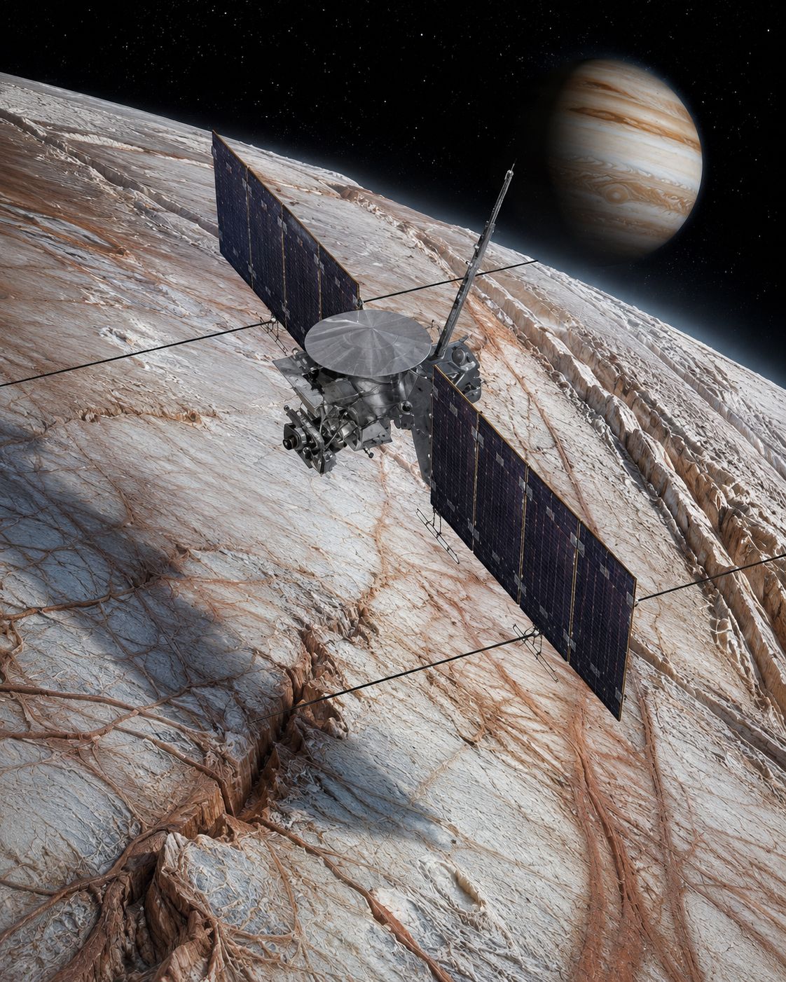 Artist illustration of NASA’s Europa Clipper spacecraft flying over Europa’s icy surface.