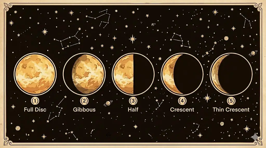 Galileo's 1610 sketches of Venus showing its phases like the Moon