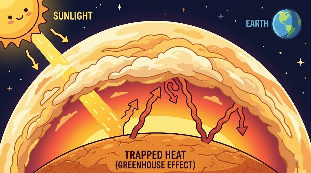 Diagram showing how the greenhouse effect traps heat on Venus