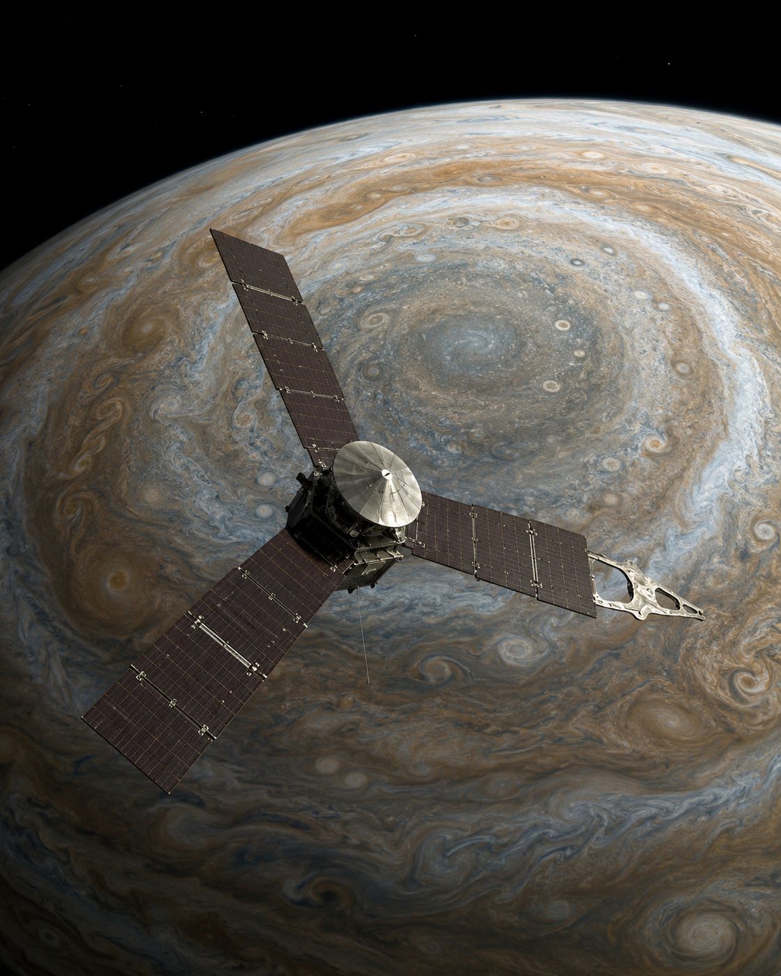 Artist illustration of NASA’s Juno spacecraft over Jupiter’s south pole.