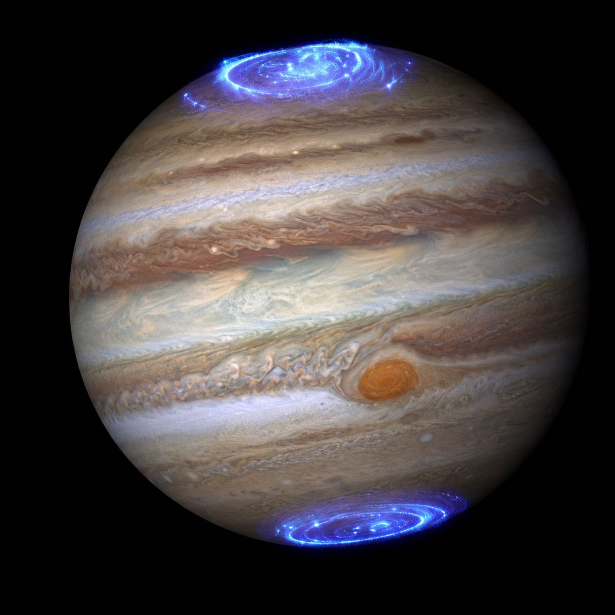 A James Webb Space Telescope ultraviolet image of Jupiter’s aurora at the poles.