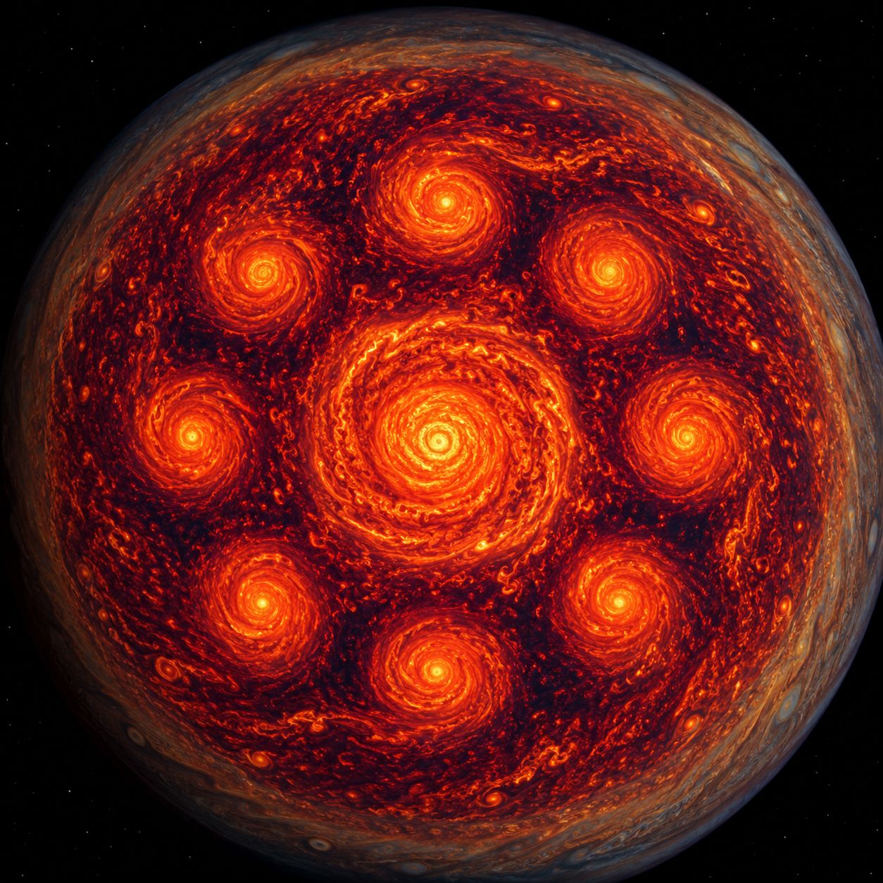 An infrared image of Jupiter’s north pole showing eight cyclones arranged around a central one.