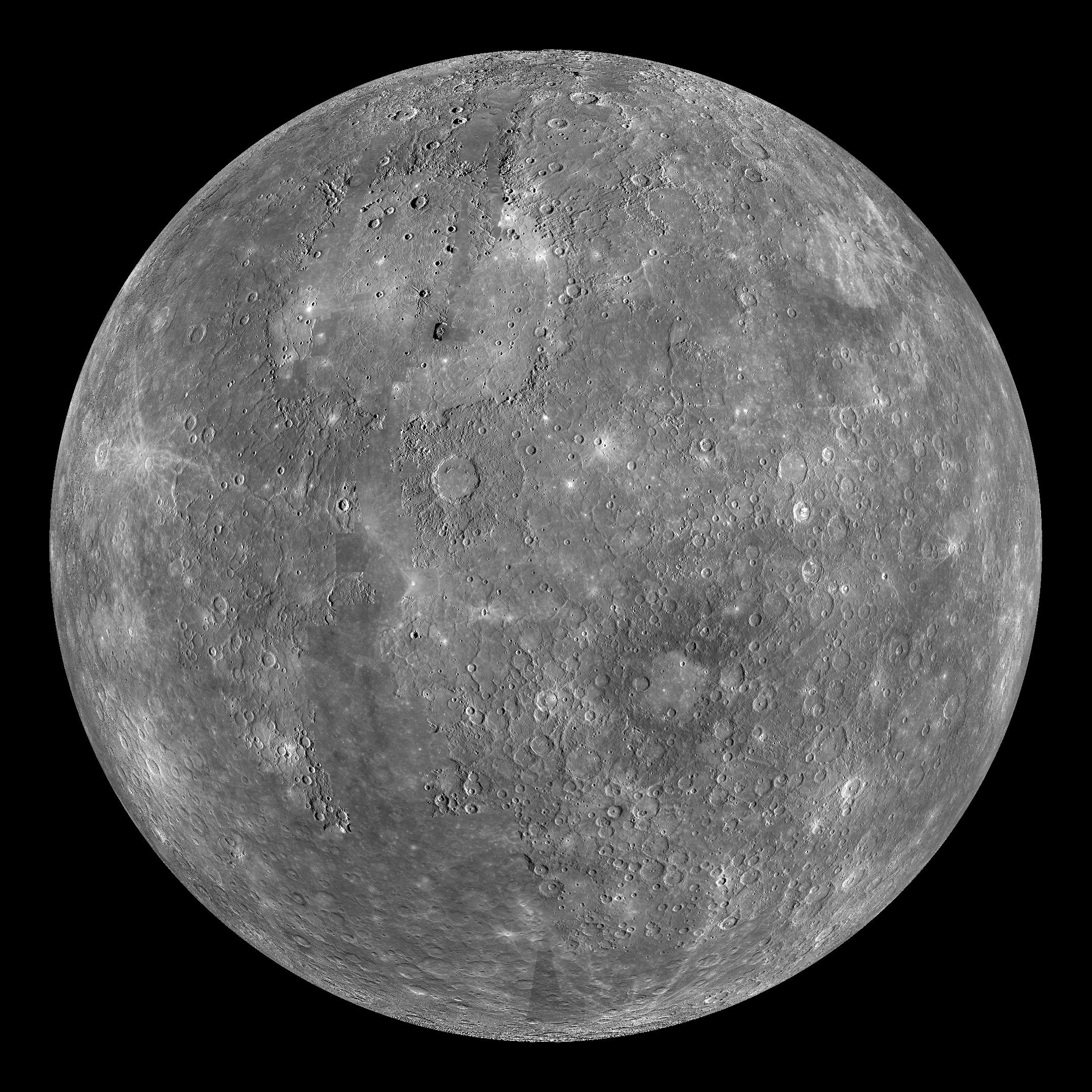 Full view of planet Mercury showing its gray cratered surface as photographed by NASA's MESSENGER spacecraft