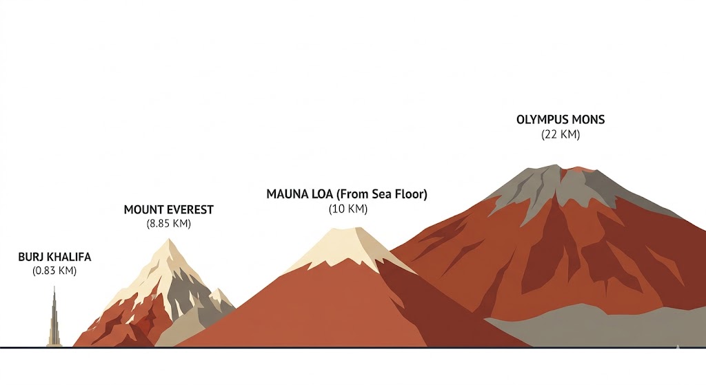 Infographic comparing Olympus Mons (about 22 km tall) to Mount Everest, showing it is nearly three times taller