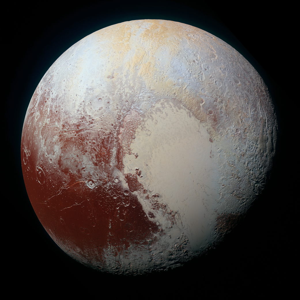 Pluto photographed by NASA's New Horizons spacecraft in July 2015, showing the famous heart-shaped Tombaugh Regio