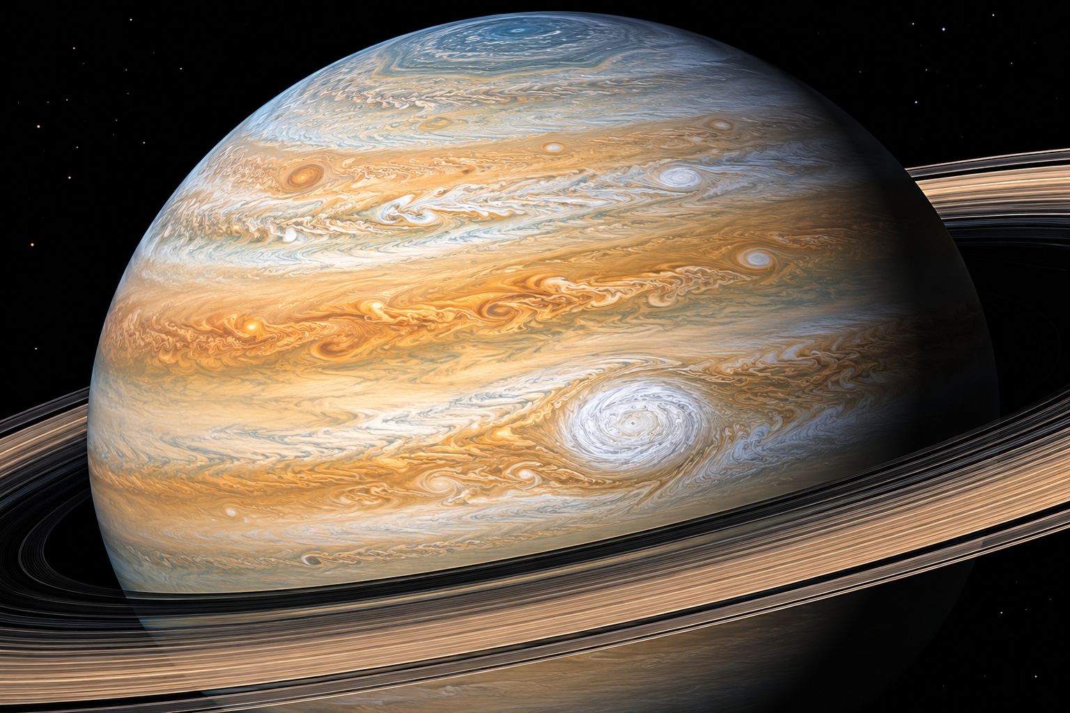Saturn's swirling cloud bands and Great White Spot storm photographed by Cassini