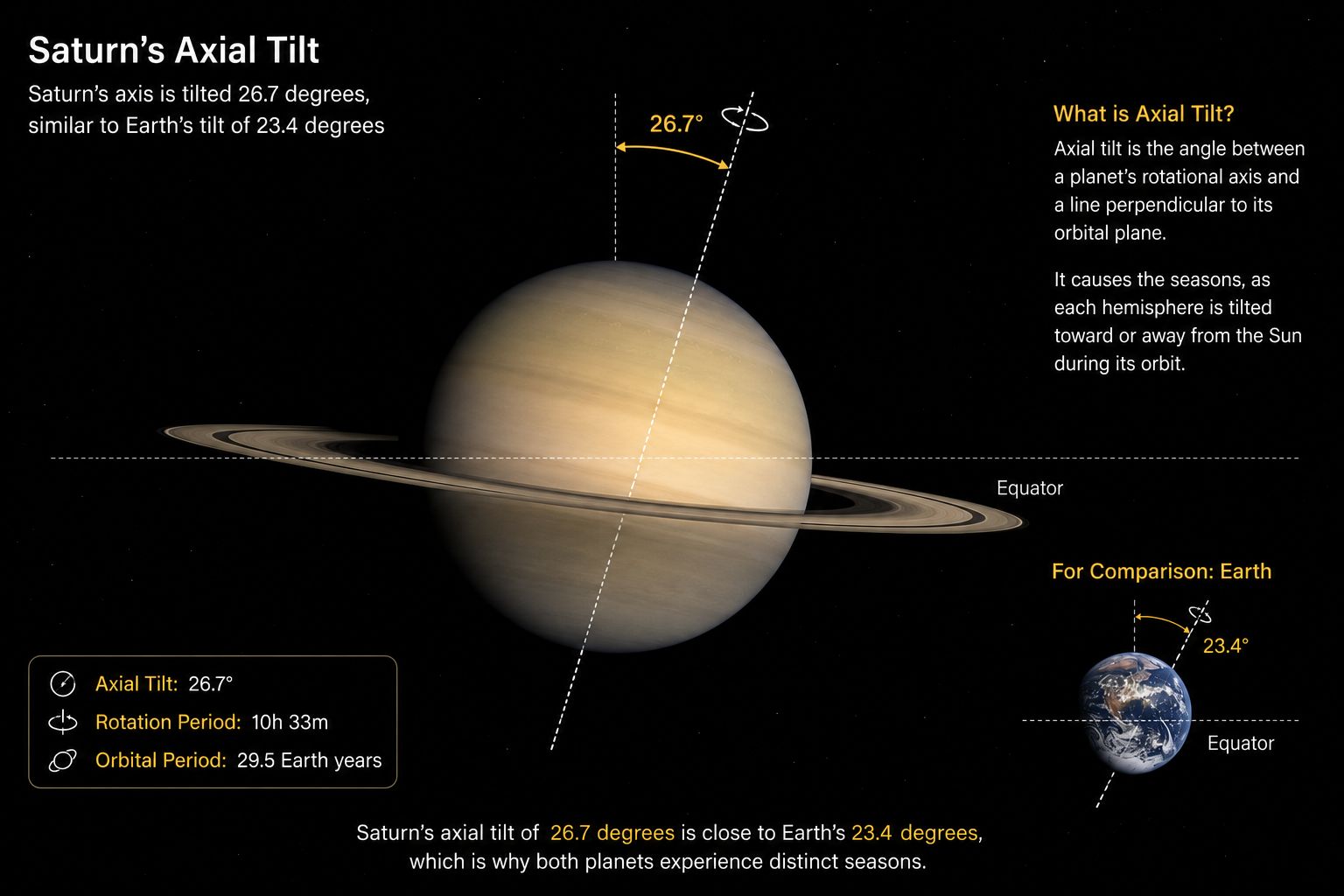 Saturn showing its 26.7 degree axial tilt, similar to Earth's tilt of 23.4 degrees
