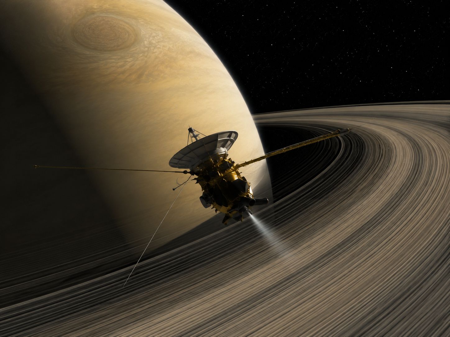 Artist concept of Cassini diving between Saturn and its rings during the Grand Finale