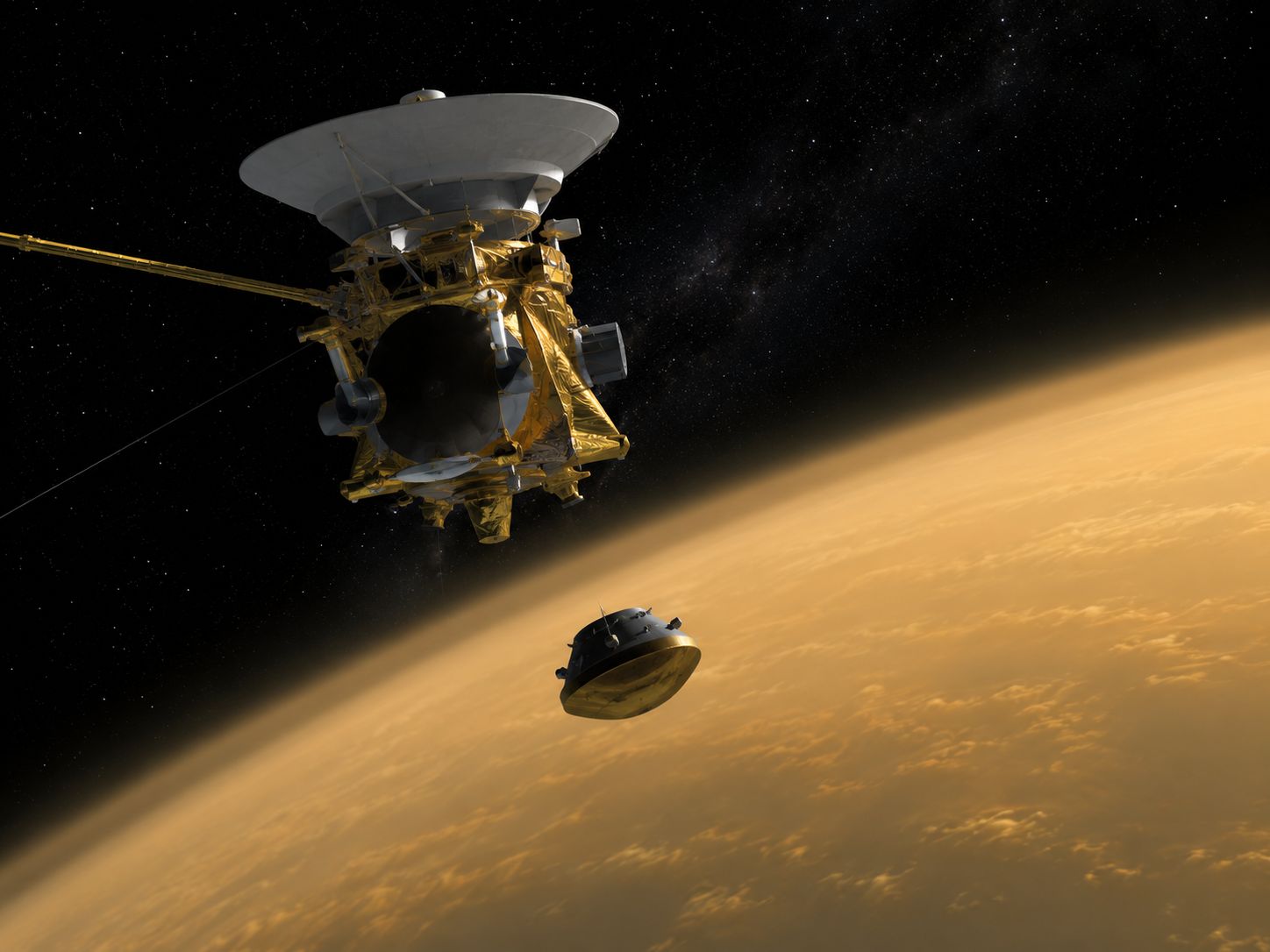 Artist concept of the Huygens probe separating from the Cassini orbiter to begin its descent to Titan