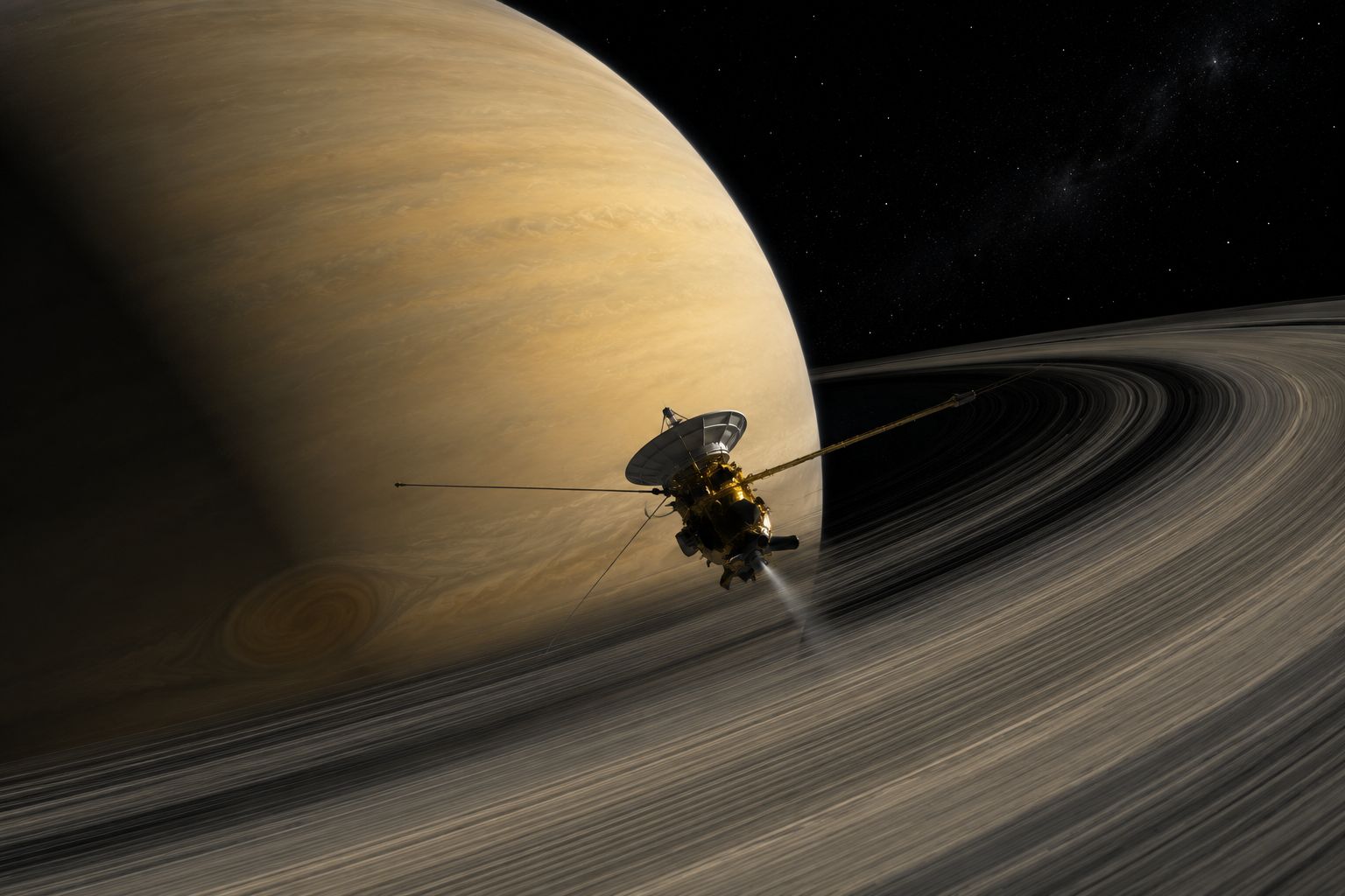 Artist's concept of NASA's Cassini spacecraft orbiting Saturn during its Grand Finale dives between the planet and the rings