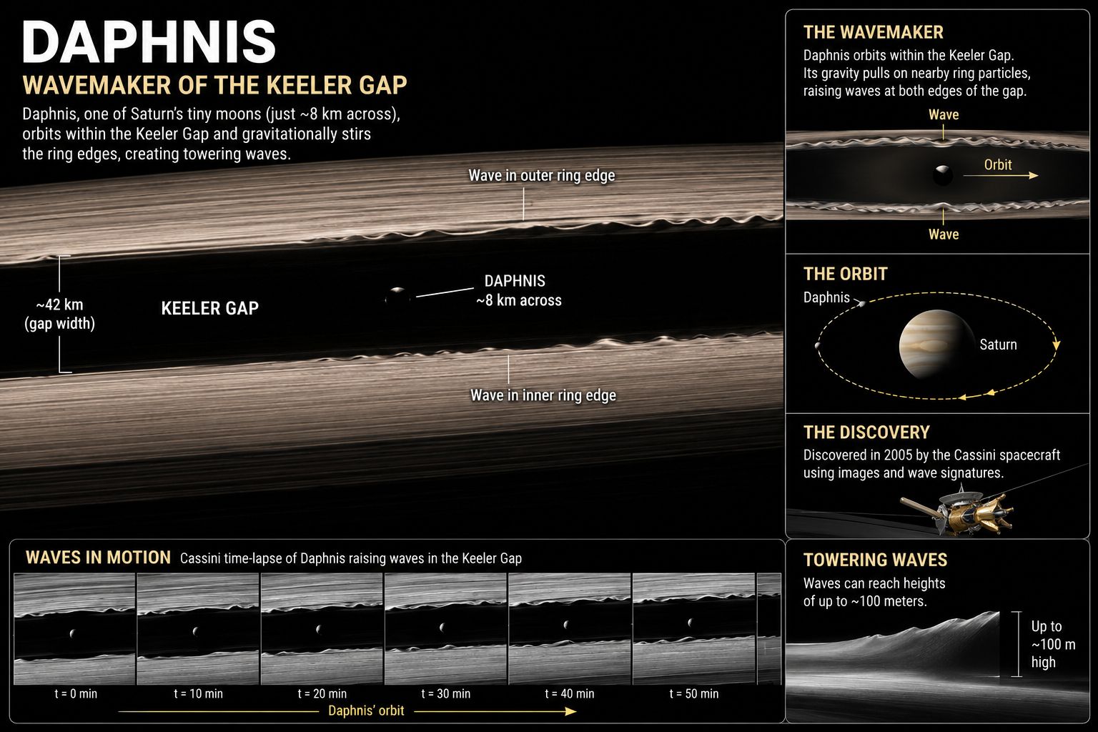 Saturn's tiny moon Daphnis making waves in the edges of the Keeler Gap in the A ring