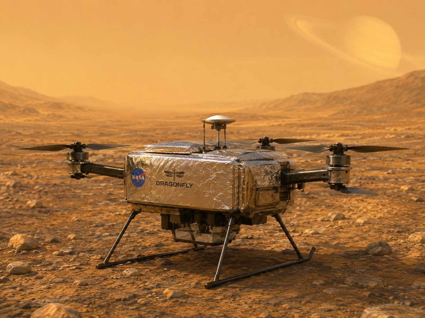 NASA artist's concept of the Dragonfly quadcopter spacecraft flying over Titan's surface