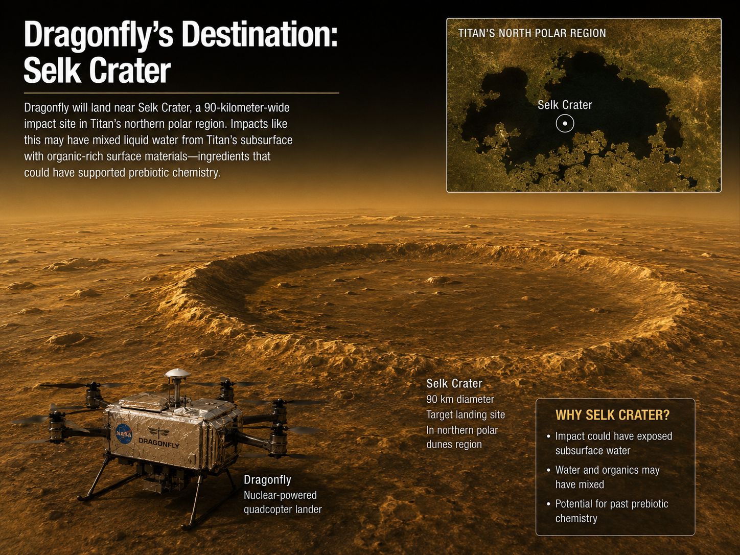 NASA map of Titan showing Selk Crater, the planned landing area for the Dragonfly mission