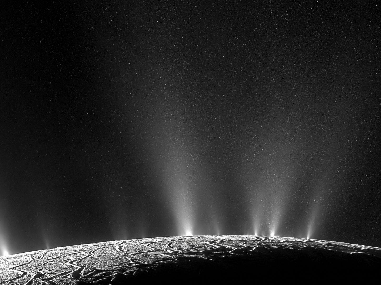 Close-up of Enceladus's plumes, hundreds of jets of water ice shooting into space