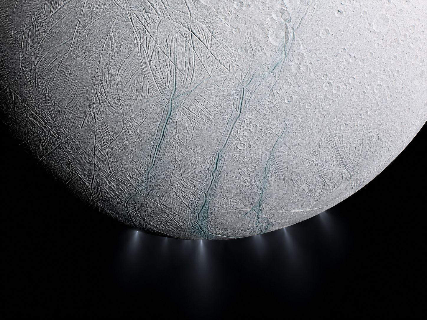 The four tiger-stripe cracks across Enceladus's south pole, photographed by Cassini