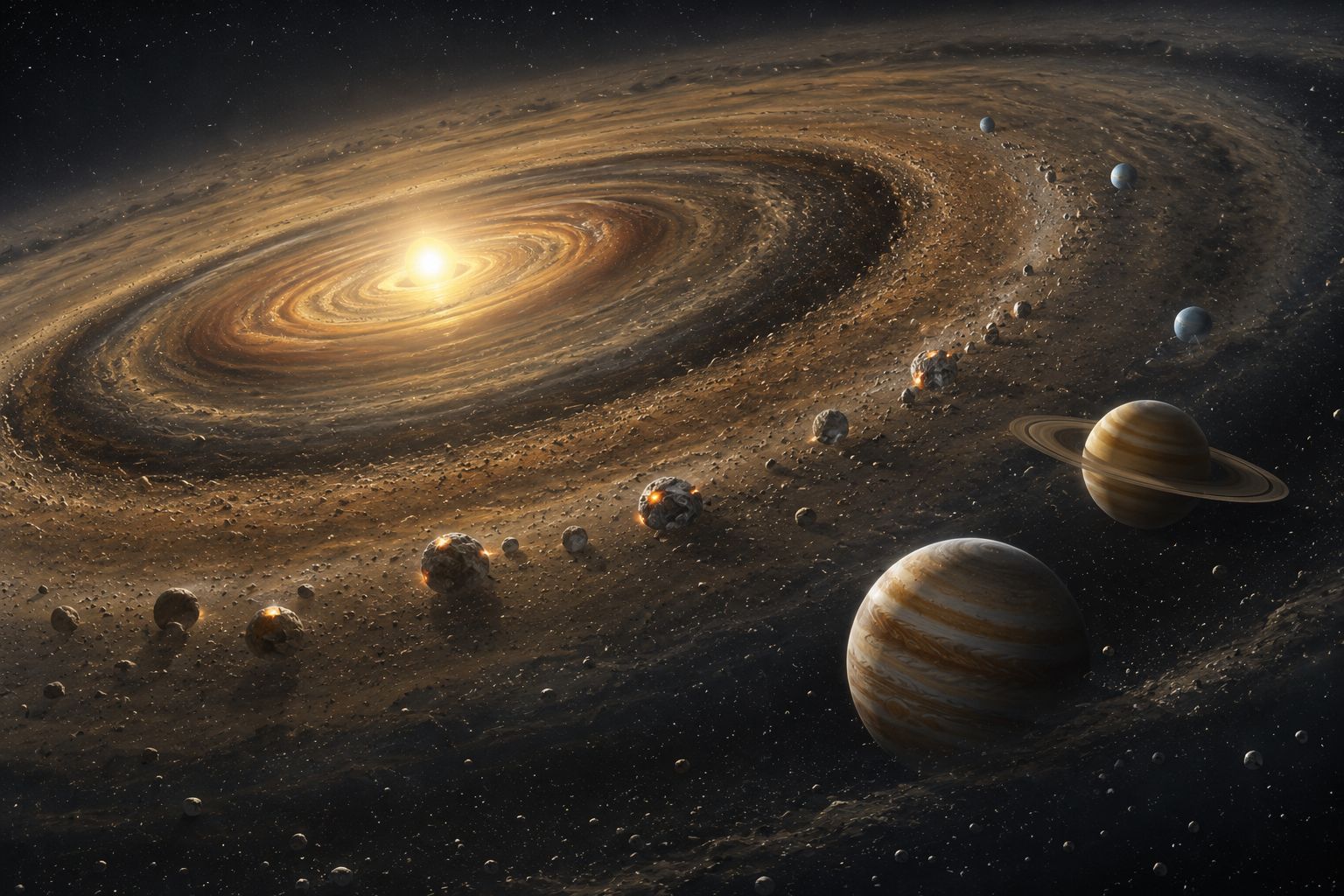 Artist's concept of the young solar system showing planets forming from the protoplanetary disc