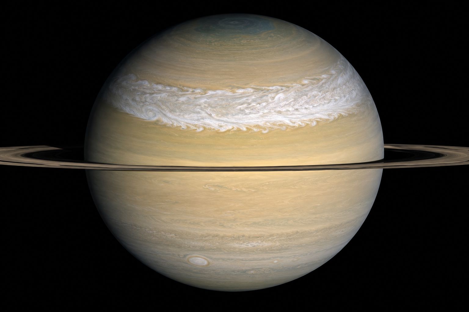 Saturn's 2010-2011 Great White Spot storm photographed by Cassini, a huge bright band wrapping around the planet