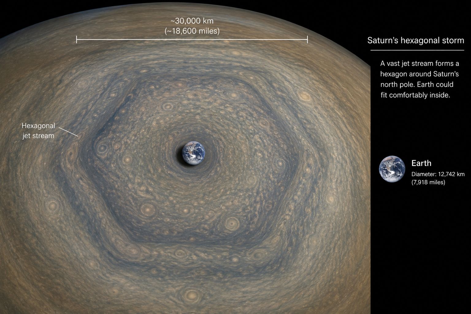 Saturn's hexagonal storm shown to scale with Earth, demonstrating that Earth could fit inside