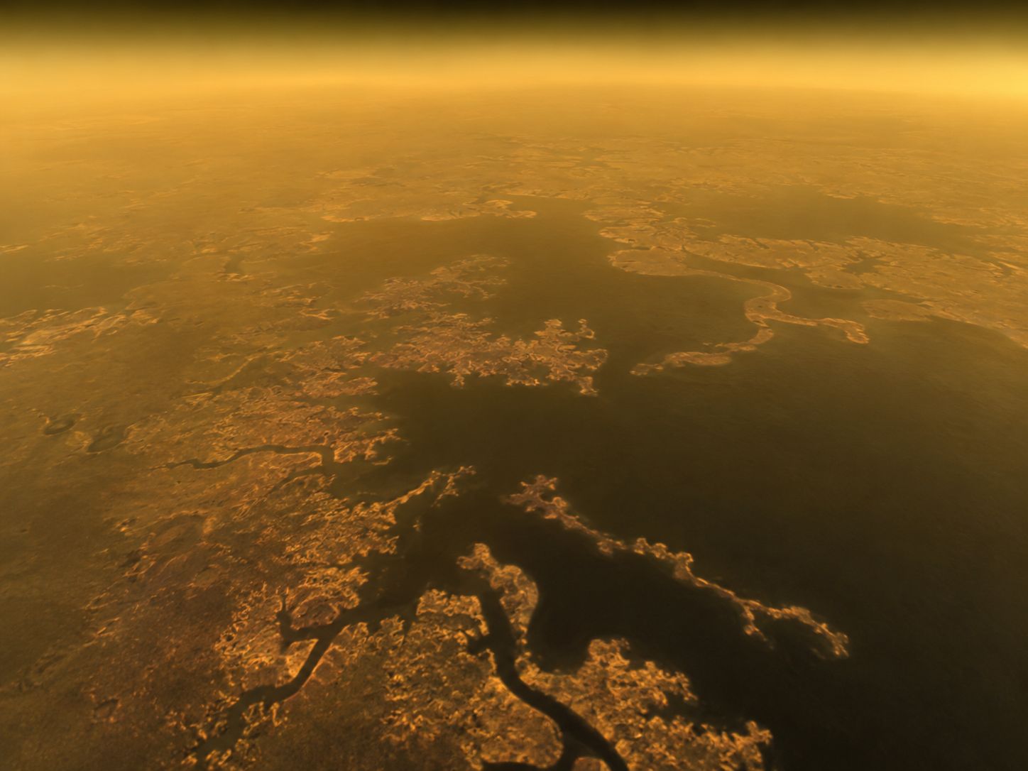 View from the Huygens probe during its descent through Titan's atmosphere, showing rivers and coastlines