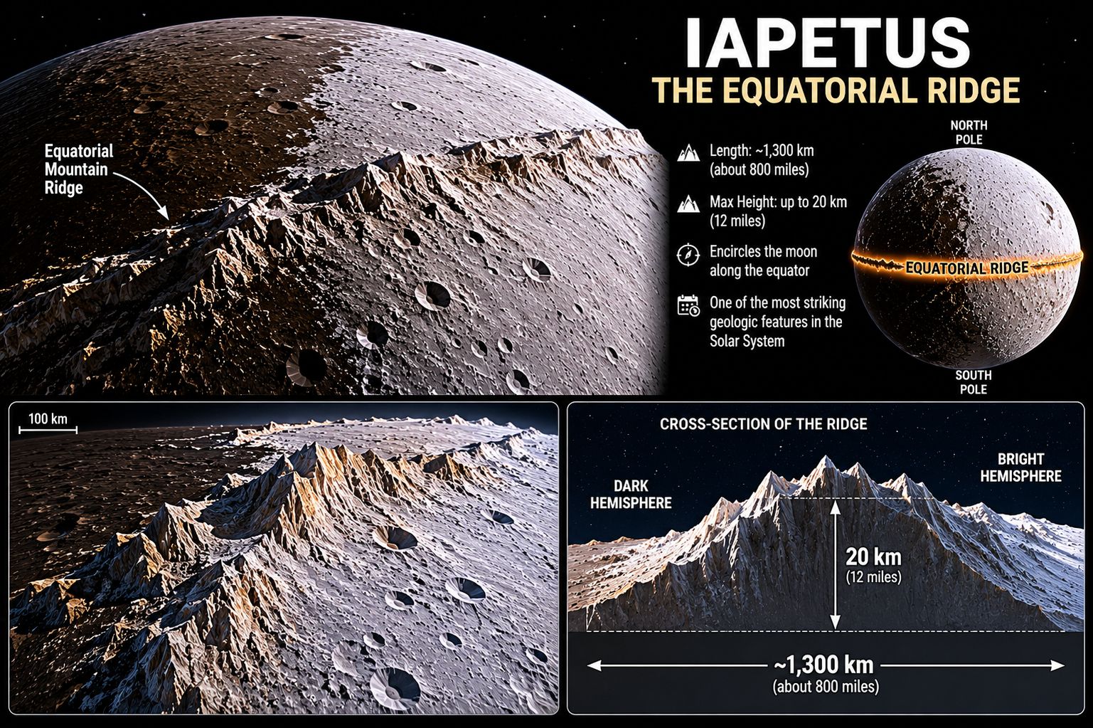 Cassini close-up of the towering equatorial mountain ridge running around Iapetus's middle