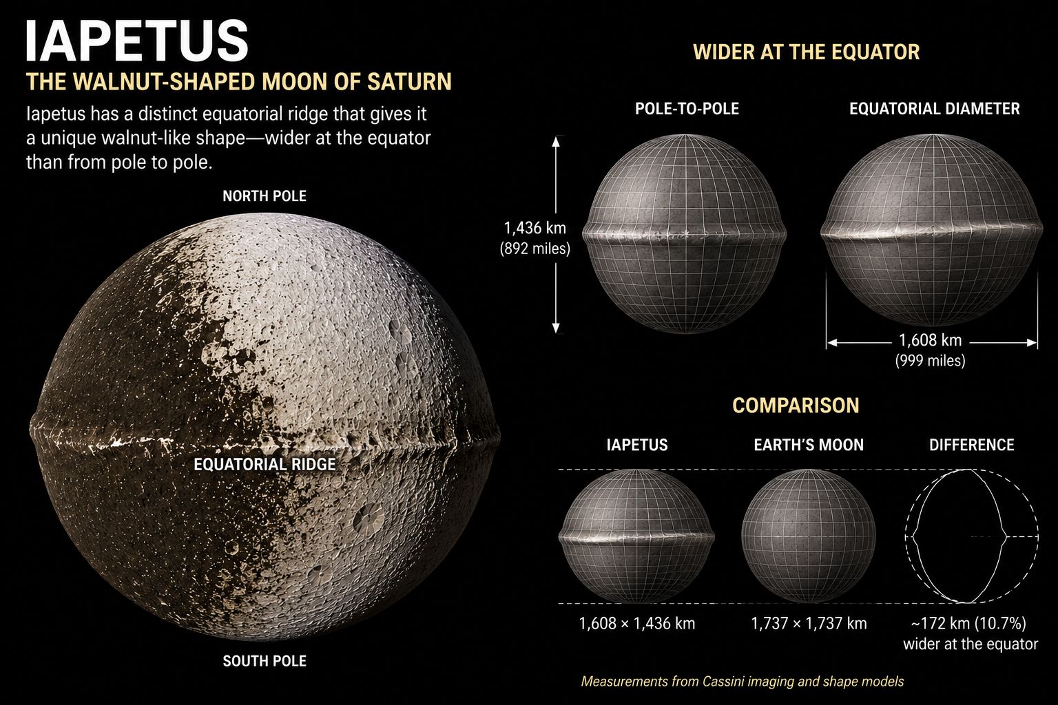 Iapetus showing its walnut-like shape — wider at the equator than from pole to pole