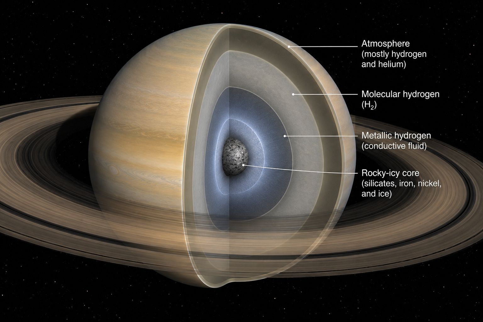 Cutaway showing Saturn's small rocky-icy core surrounded by metallic hydrogen and atmosphere