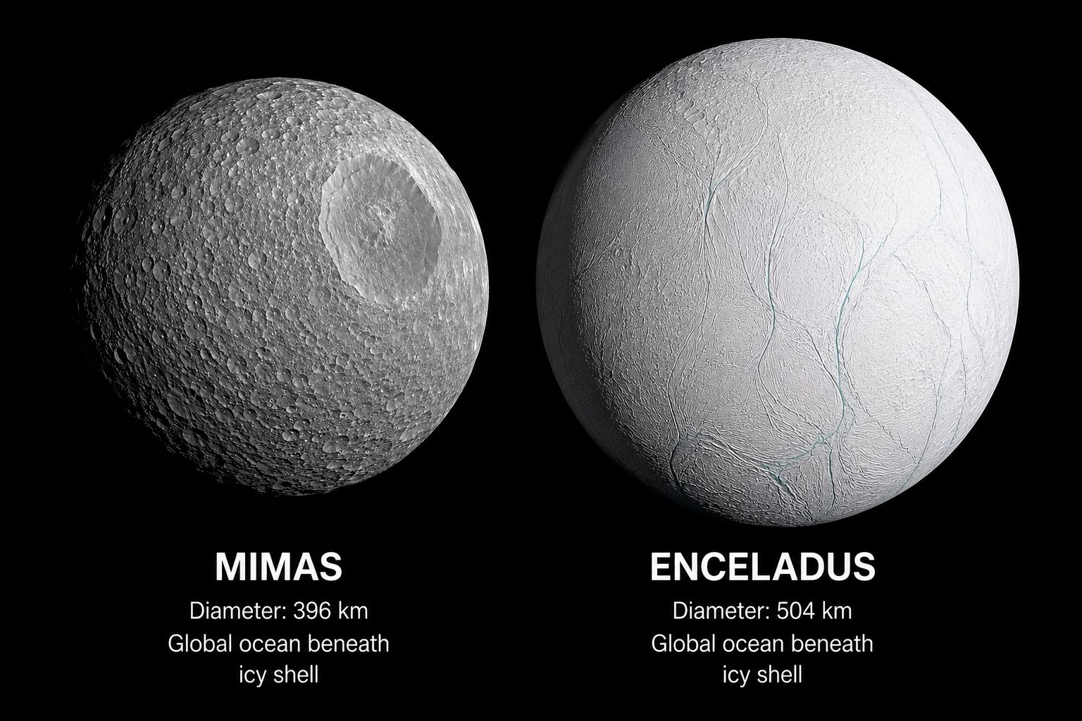 Saturn's moons Mimas and Enceladus side by side — both with hidden oceans but very different surfaces