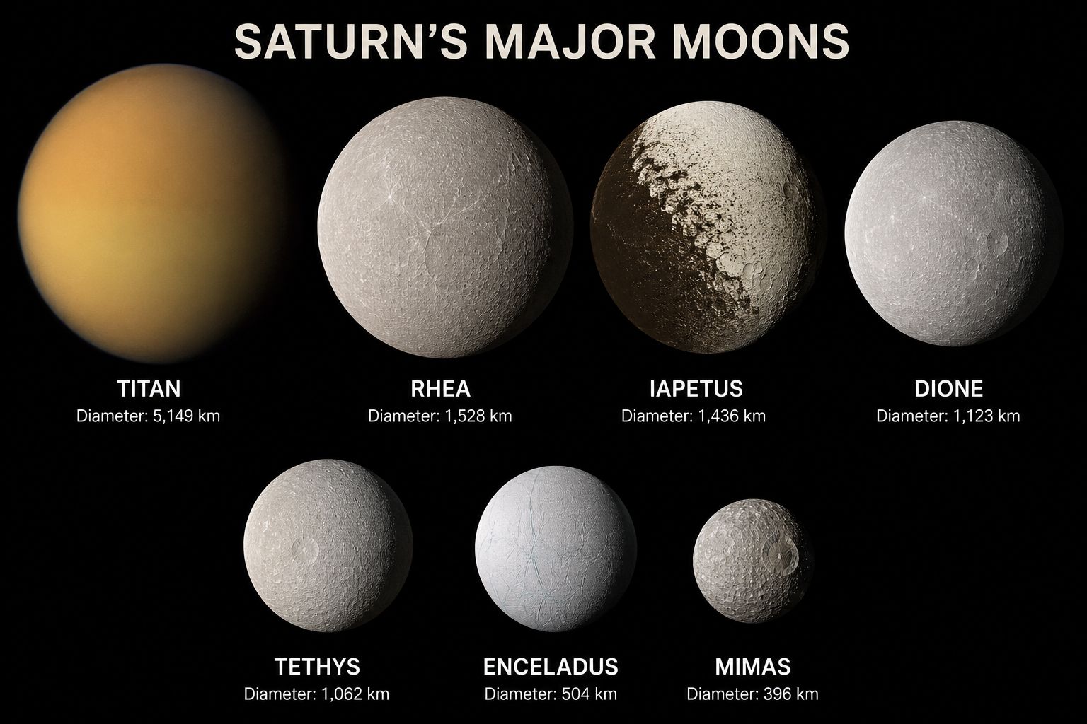 Family portrait of Saturn's biggest moons including Titan, Rhea, Iapetus, Dione, Tethys, Enceladus and Mimas