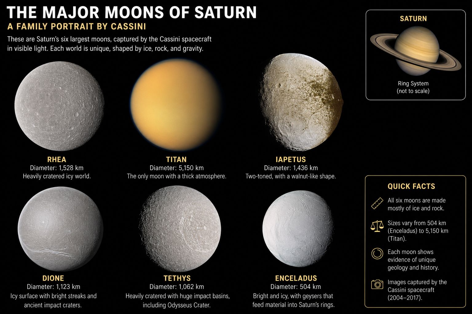 Family portrait of Saturn's biggest moons photographed by Cassini