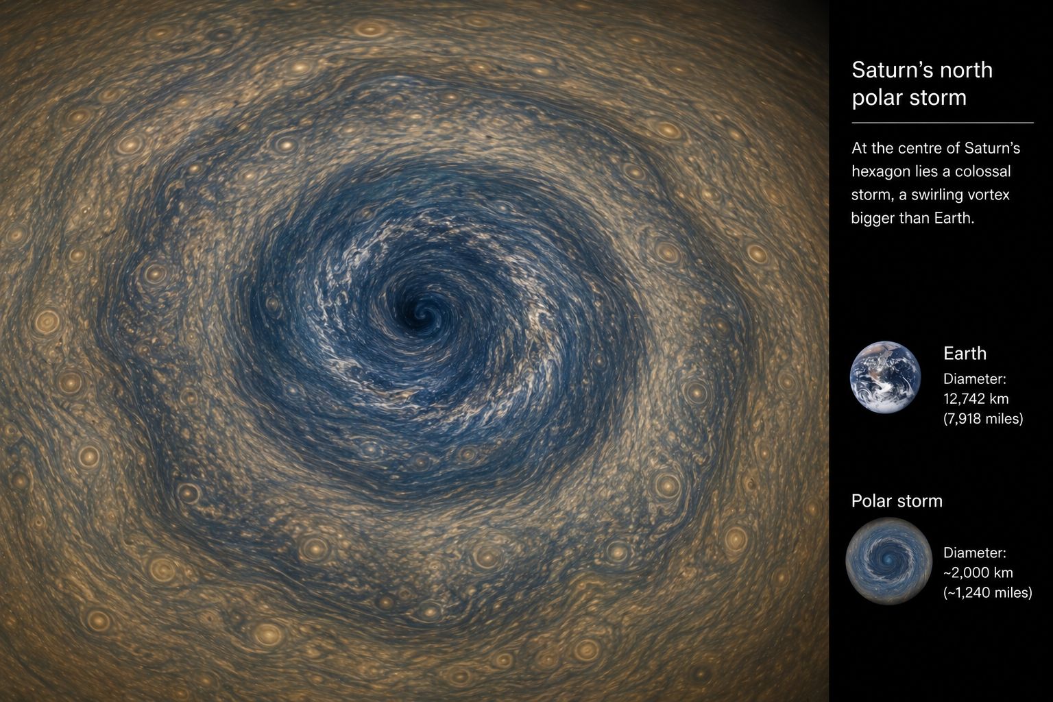 Saturn's north polar storm at the centre of the hexagon, a swirling vortex bigger than Earth