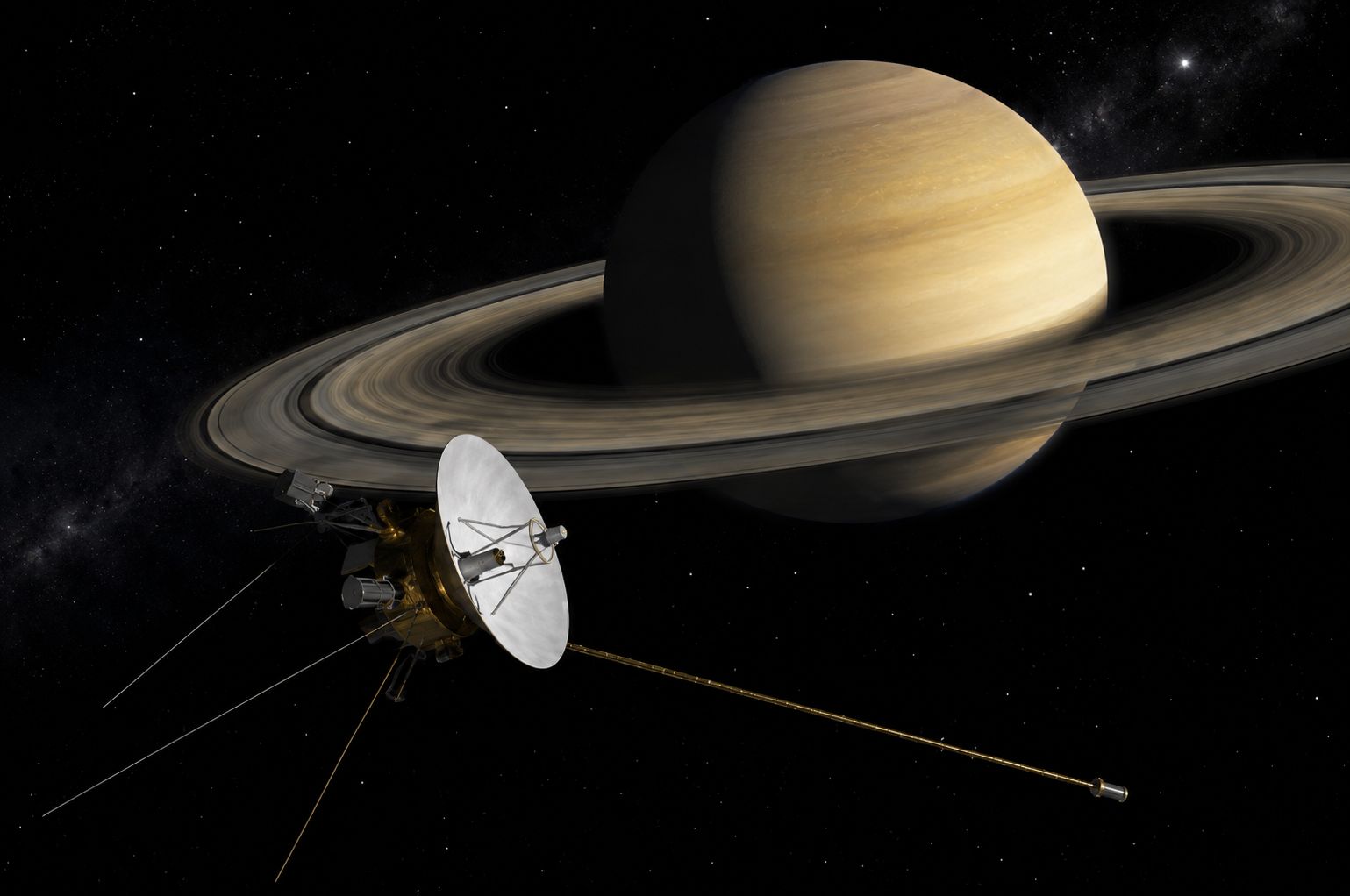 Artist concept of NASA's Pioneer 11 spacecraft, the first to fly past Saturn in 1979
