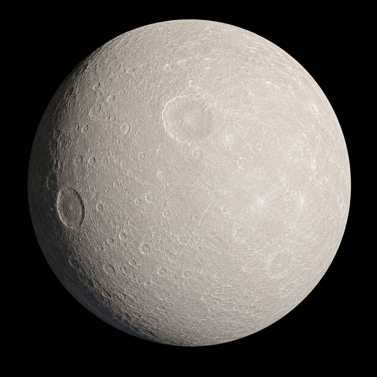 Saturn's second-largest moon Rhea, showing its bright icy surface and large craters