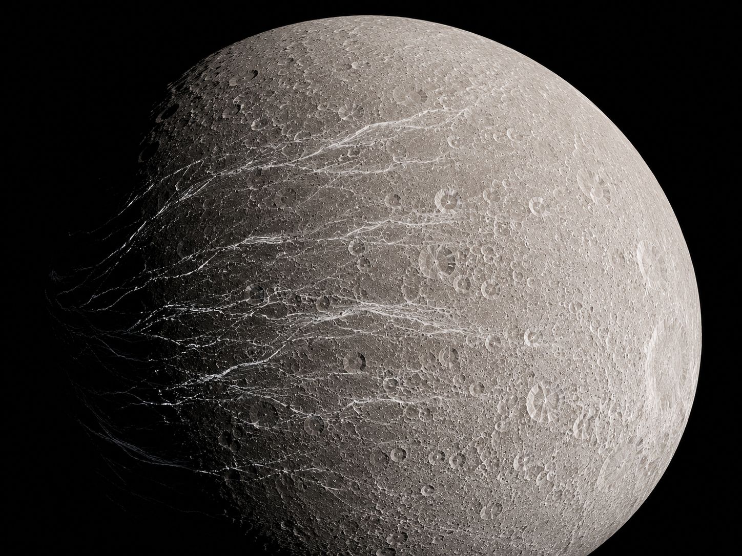 The bright wispy lines on Rhea's trailing hemisphere, photographed by Cassini and shown to be tectonic ice cliffs