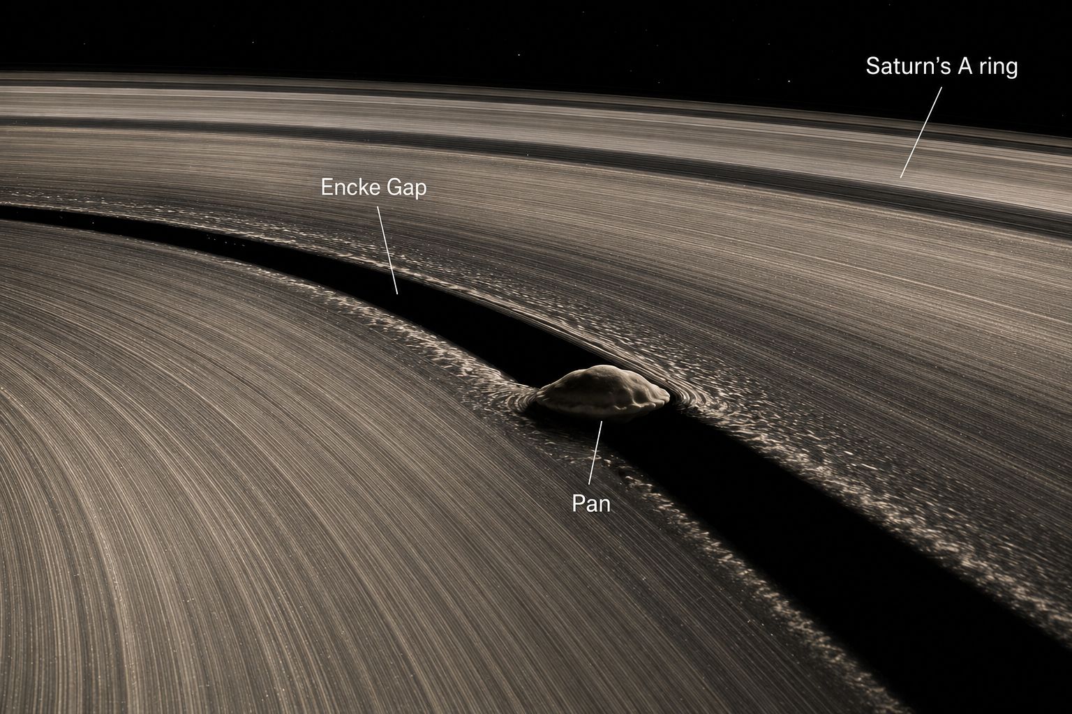 Saturn's moon Pan, shaped like a flying ravioli, sweeping out the Encke Gap in the A ring