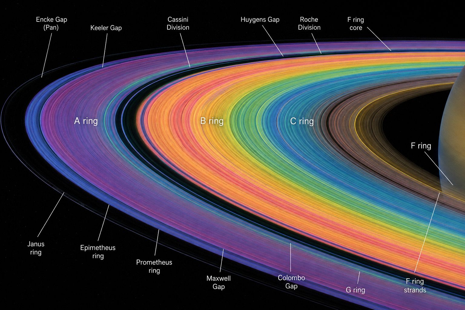 False-colour map of Saturn's ring system showing the A, B, C and F rings in detail