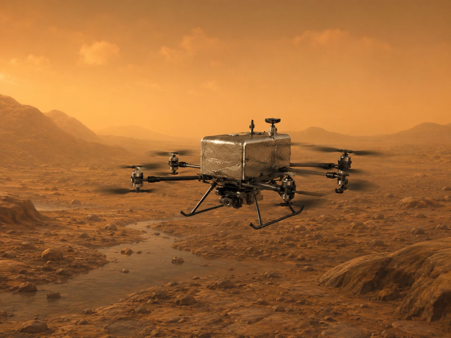 NASA artist concept of the Dragonfly quadcopter flying above Titan's surface