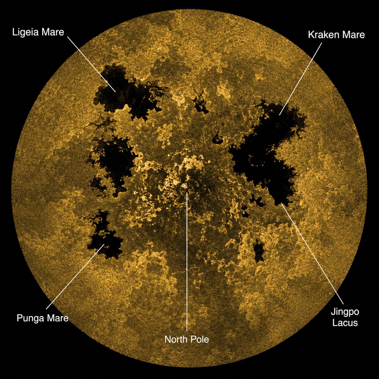 Cassini radar image of Titan's north polar methane lakes, showing dark patches that are lakes of liquid hydrocarbons