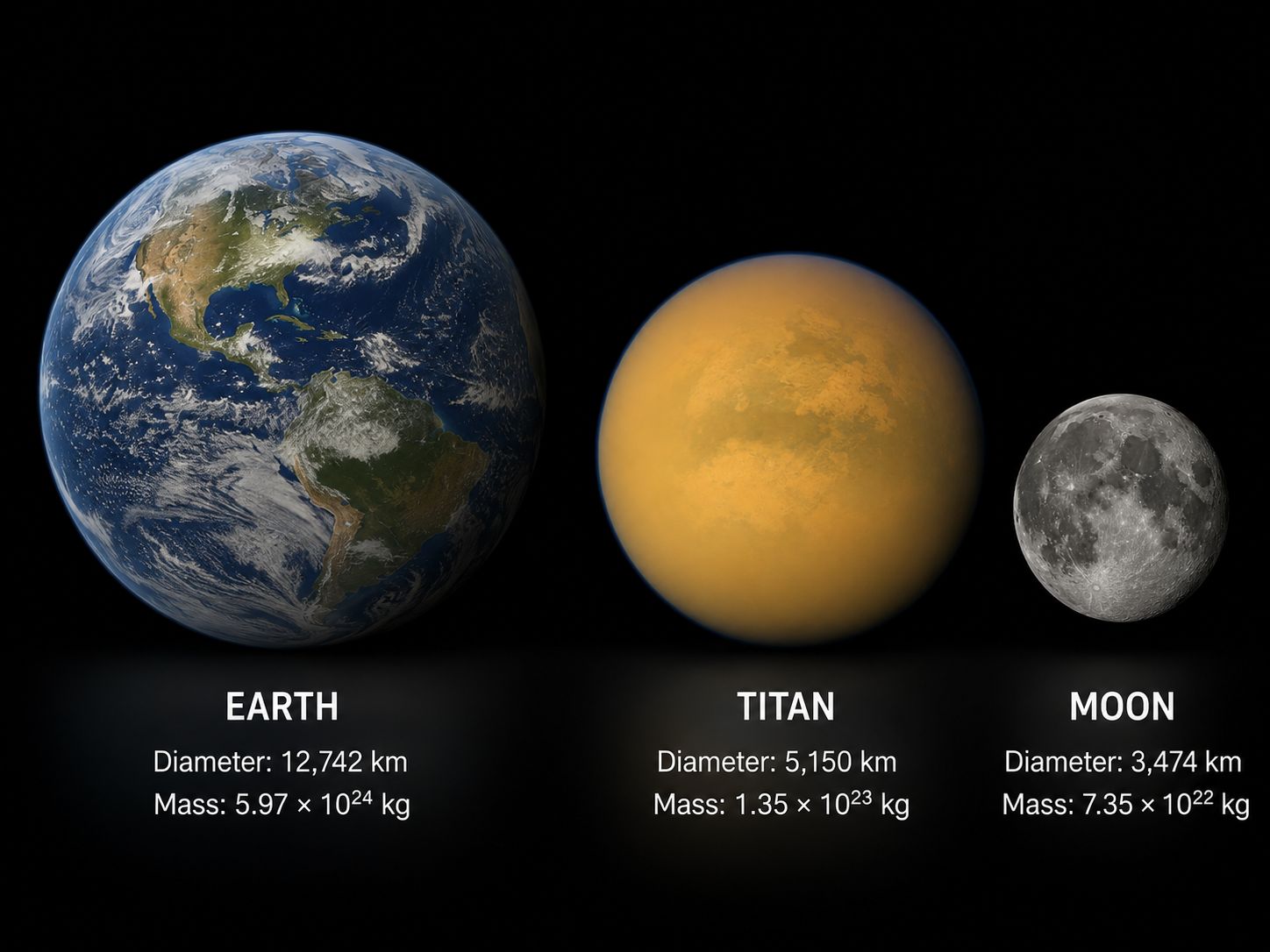 Titan compared to Earth and Earth's Moon, showing Titan is bigger than our Moon but smaller than Earth